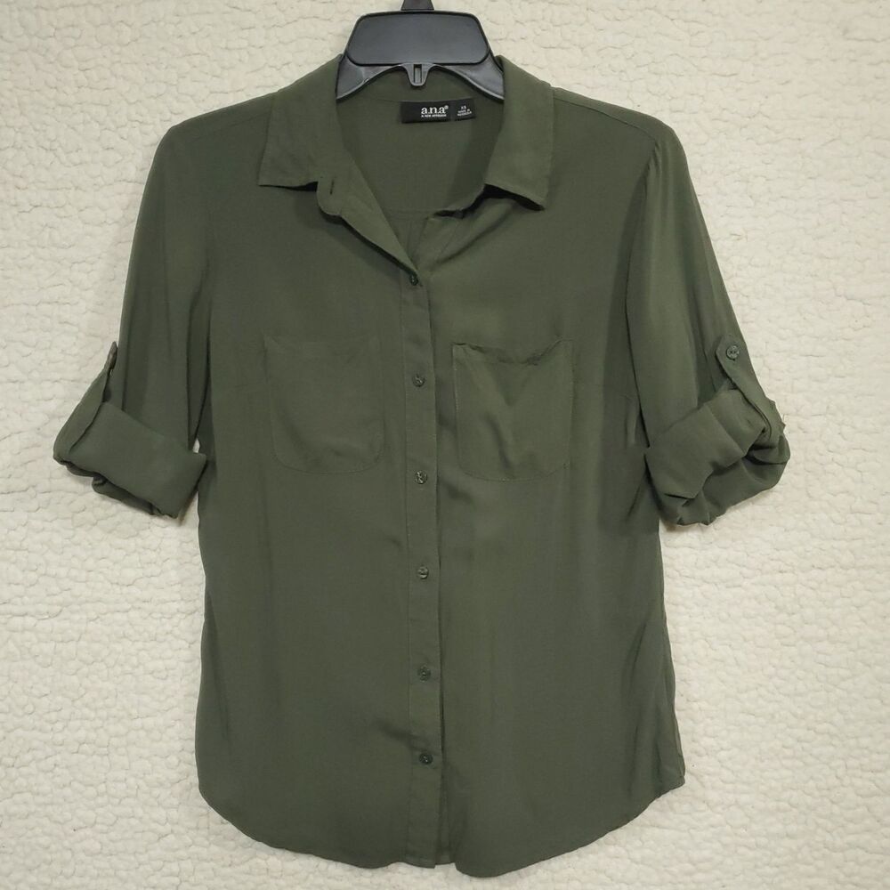 a.n.a A New Approach Women's XS Olive Green Rayon Tab Cuff Sleeve Blouse Shirt